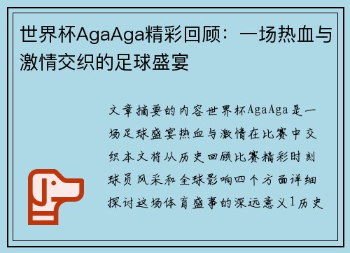 世界杯AgaAga精彩回顾：一场热血与激情交织的足球盛宴