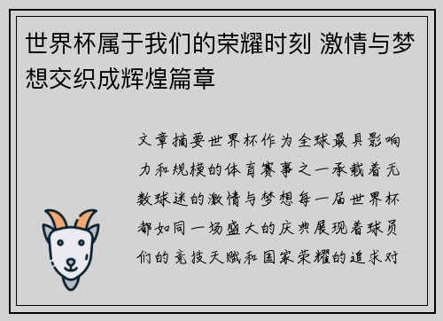 世界杯属于我们的荣耀时刻 激情与梦想交织成辉煌篇章