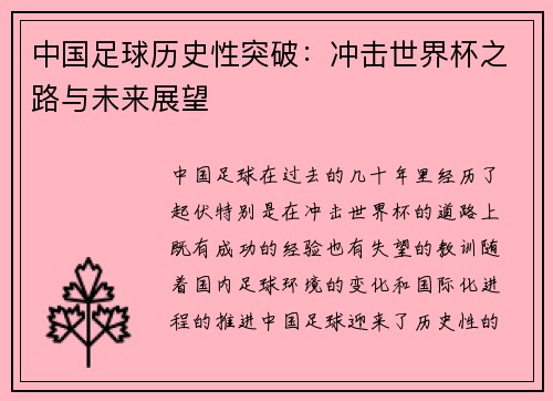 中国足球历史性突破：冲击世界杯之路与未来展望
