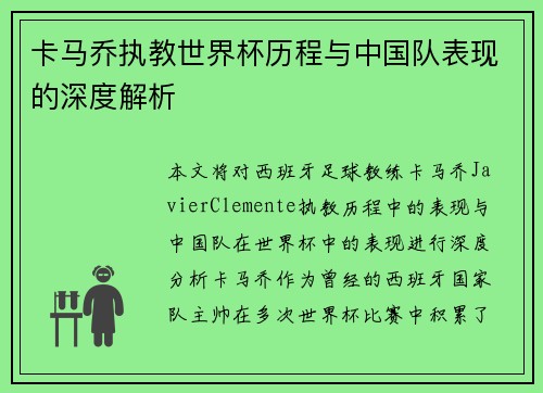卡马乔执教世界杯历程与中国队表现的深度解析